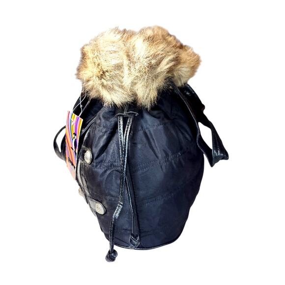 NOS Stella & Max Double Handle Faux Fur Trim Drawstring Bucket Bag Purse Black - Picture 2 of 9